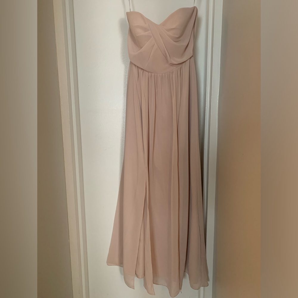 Social Bridesmaid Strapless Draped Bodice Maxi Dress w Front Slits - Style 8159